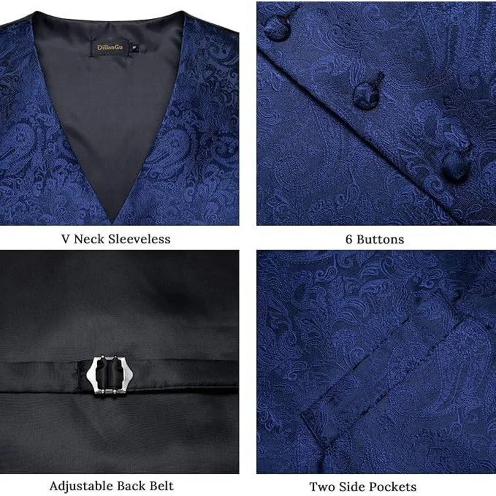 DiBanGu Paisley‎ Vest Set Mens L Blue Silk 6PC Tie Bowtie Pocket Square Formal